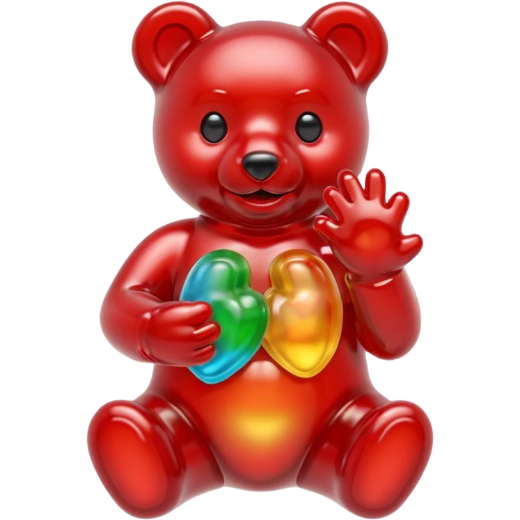 Multicolored Gummy bear holding one small gummy anatomically correct human heart  emoji