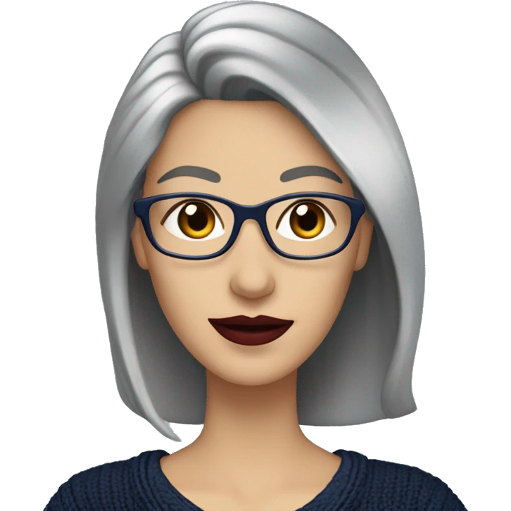 Attractive Caucasian woman with long straight grey hair worn over one shoulder,  wearing wire frame glasses, dark red lipstick, and a navy blue sweater, she has  with a slightly upturned nose emoji