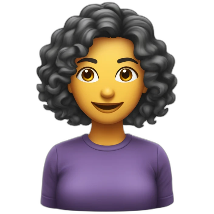 Uma mulher branca de cabelo curto cacheado usando uma câmera fotográfica emoji