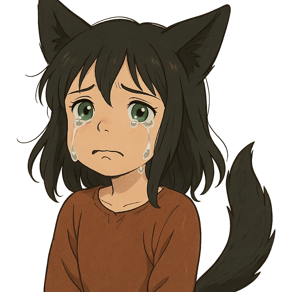 A girl with tears, black fox ears, and a tail, green eyes, dark hair emoji