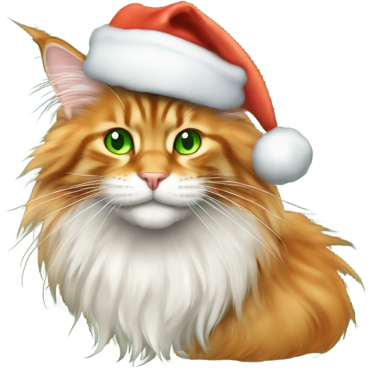 orange maine coon with green eyes wearing santa hat emoji