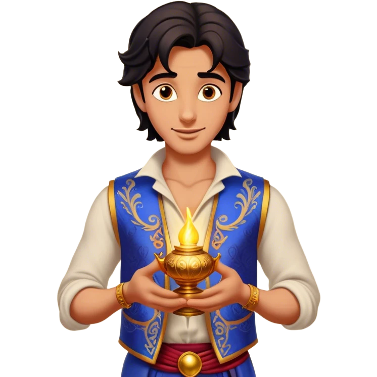 Cinematic Realistic Aladdin Portrait, depicted with lifelike, warm skin textures and a confident yet approachable gaze. His dark, wind-tousled hair frames expressive eyes full of adventure and kindness. Dressed in his iconic vest and loose trousers with intricate detailing, he holds a subtle glimmer of a magic lamp, all rendered under soft natural lighting with a radiant glow that captures his resourceful spirit. emoji