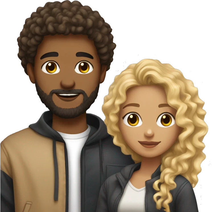 light brown skin girl with long curly brown and blonde curly hair and her boyfriend with black beard and light skin emoji