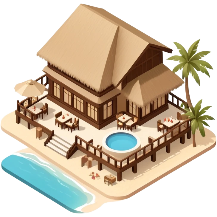 Isometric exterior brown and beige luxury polynesian beach resort restaurant, dollhouse style 3D realistic  emoji