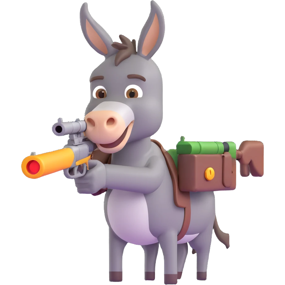 donkey shooting a gun, 3D emoji style emoji