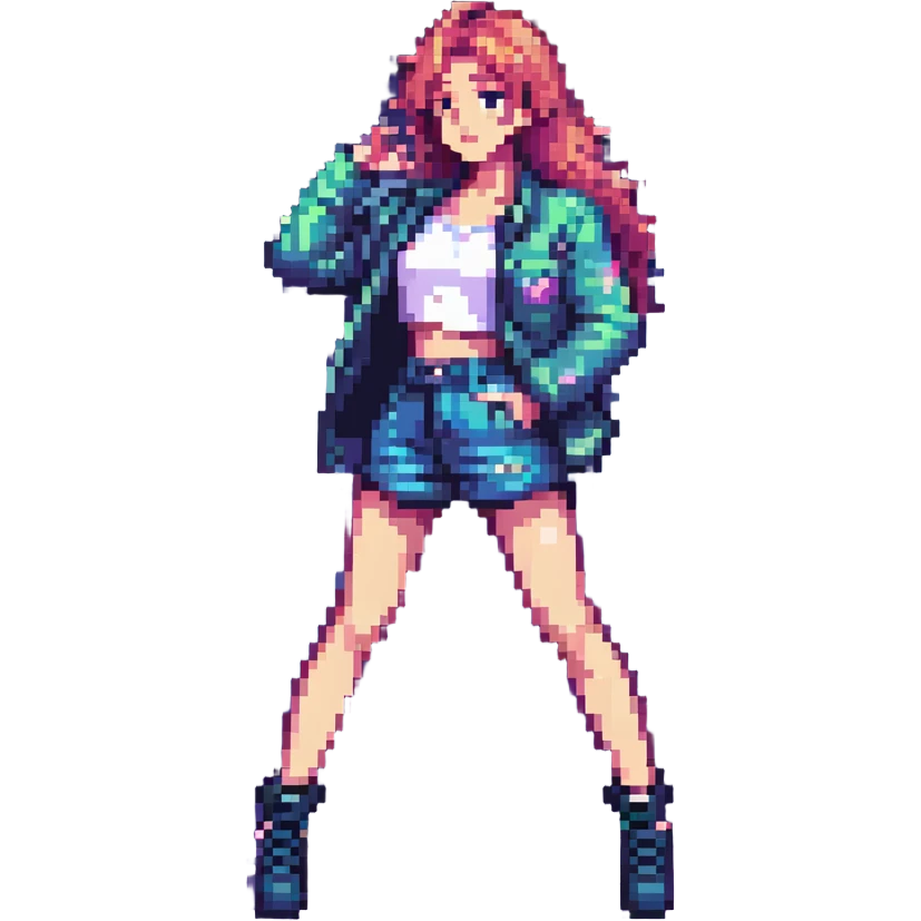 K-pop idol inspired by Blackpink, dynamic pose, stage lights, trendy outfit, pixel art style emoji