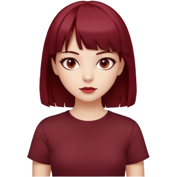 beautiful girl with dark maroon and red medium hair, straight bangs and red bando, red eyes, brown long tshirt, white skin emoji