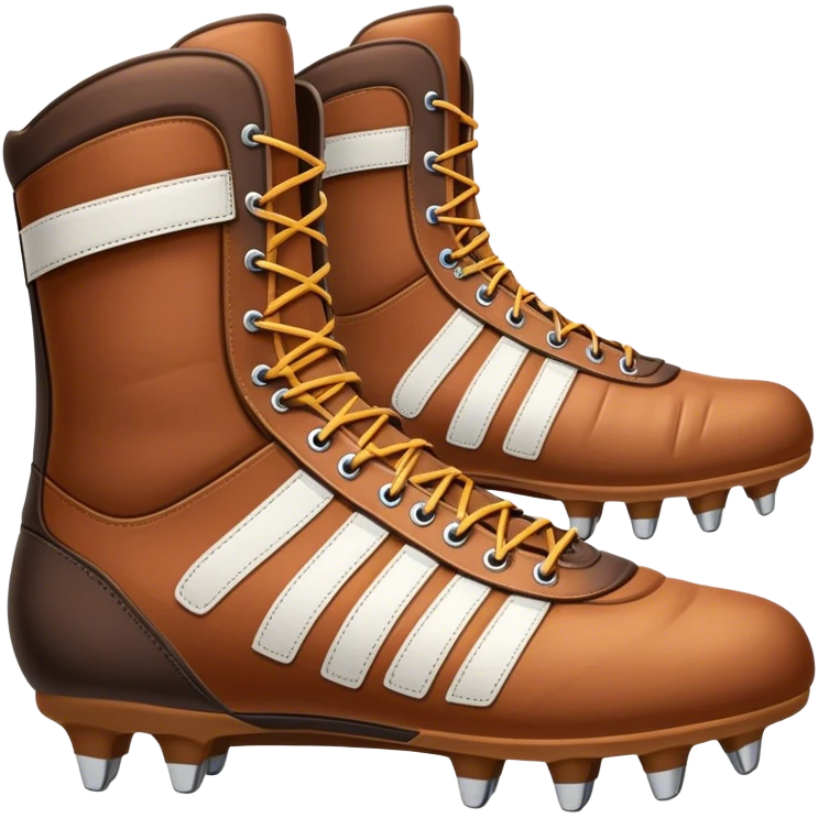 Cinematic Realistic image of a pair of rugby boots, showcasing sturdy leather construction, detailed cleat patterns and textured surfaces, illuminated by vibrant outdoor lighting that captures their athletic purpose emoji