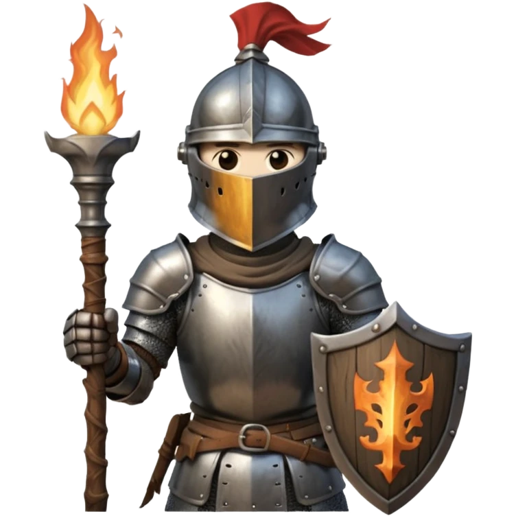 knight holding a short wooden torch in hand wearing darker, realistic iron armor, and a closed helmet in dark souls style emoji