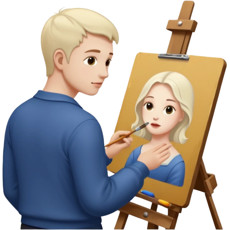 the white artist stands with his back to the painting, painting a portrait emoji