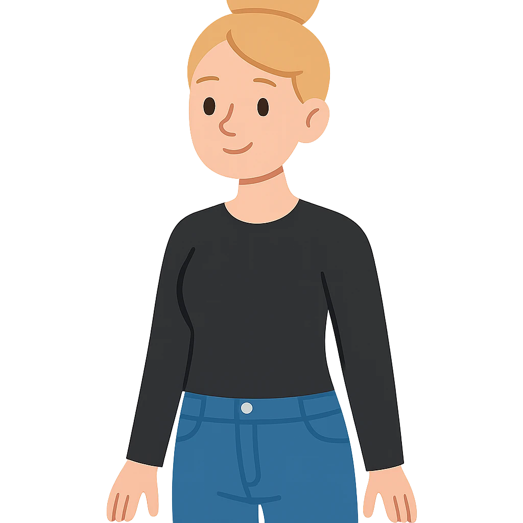 flat toon style blond woman with bun, long sleeve black shirt, and jeans emoji