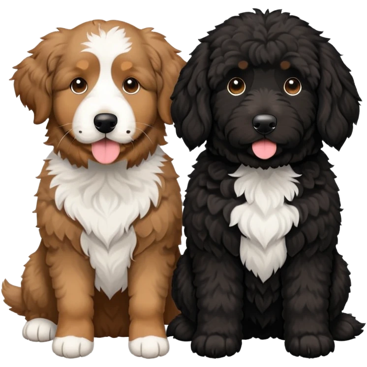 2 dogs, one is a light brown Aussie doodle. the other is a All black Berenedoodle with white eyebrows . Make both same size emoji