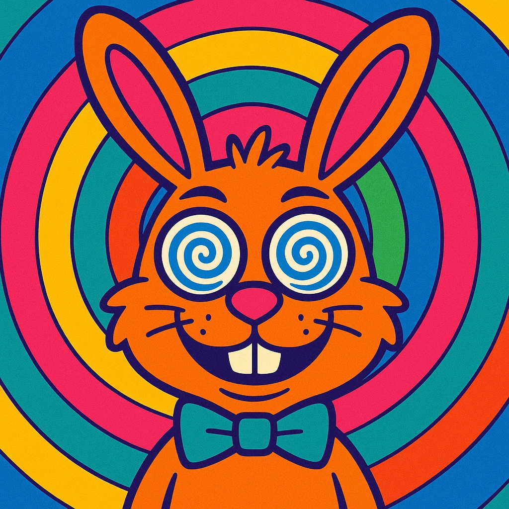 a hypnotic rabbit with swirling eyes, mesmerizing expression, and a spiral background, vibrant colorful style emoji