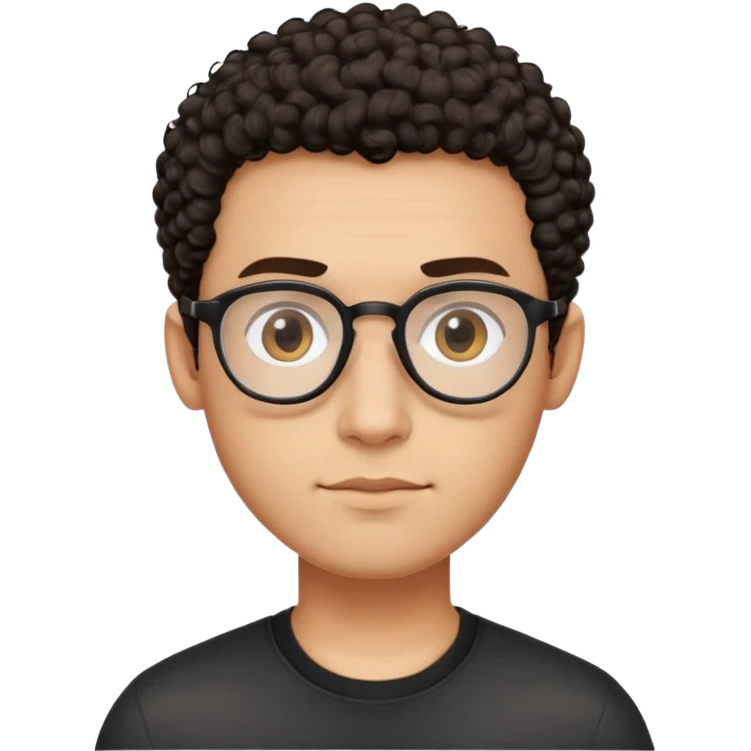 Man with small oval face and big forehead, aviator-style glasses, very short dark curly hair with skin fade (no hair on sides), neutral-friendly expression, light brown skin, wearing a black shirt emoji