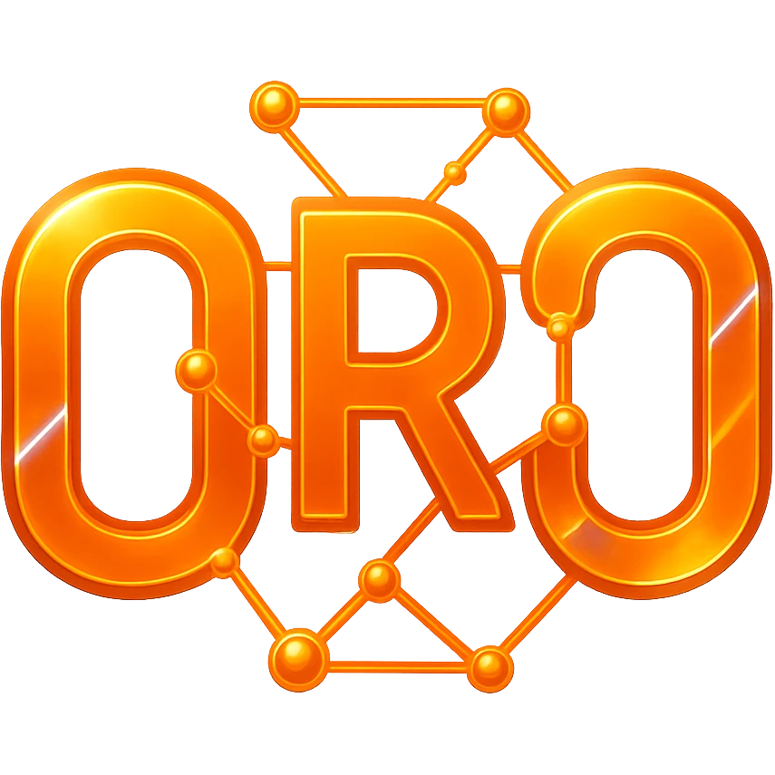 Tech-inspired 'ORO' emoji in orange hues, neural links interwoven through the letters, with holographic effects and a modern, innovative feel. emoji