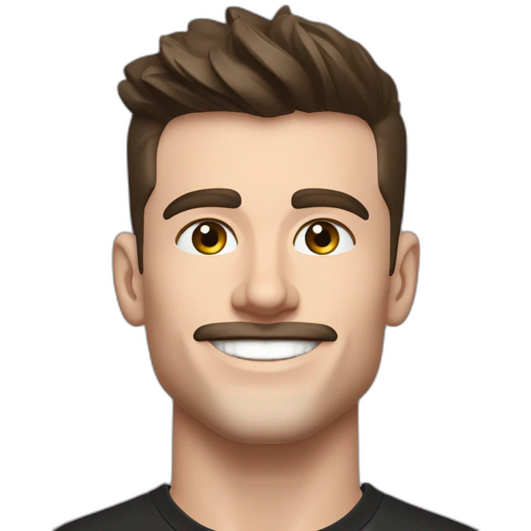 Mason mount 30 year old Silicon Valley designer smiling with stubble and mustache in a black tshirt with broad shoulders profile photo hair fade undercut emoji