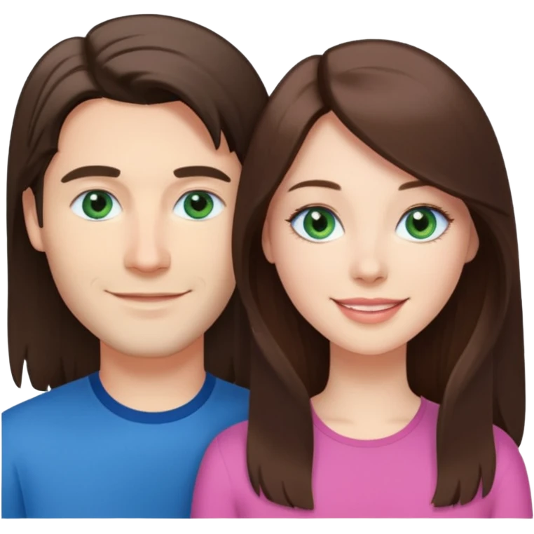 “A pink Polaroid-style photo of a couple: a white woman with long brunette hair and blue eyes, and a white man with short brunette hair and green eyes.” emoji
