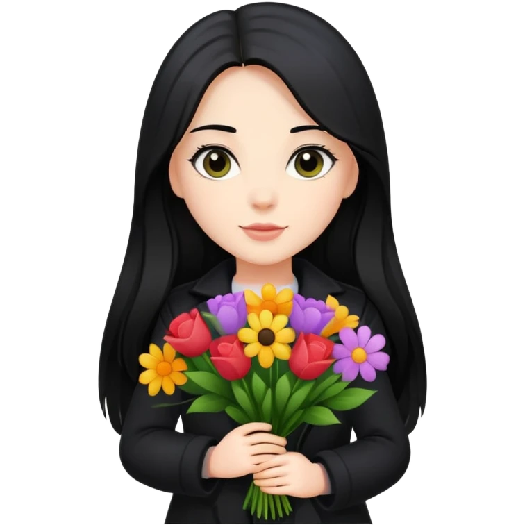 beautiful girl with long black hair wearing a black coat holding a bouquet of flowers emoji
