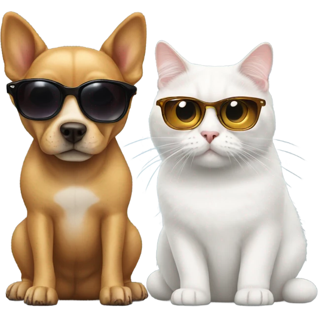 Dog wearing sunglassses standing behind cat while looking emoji