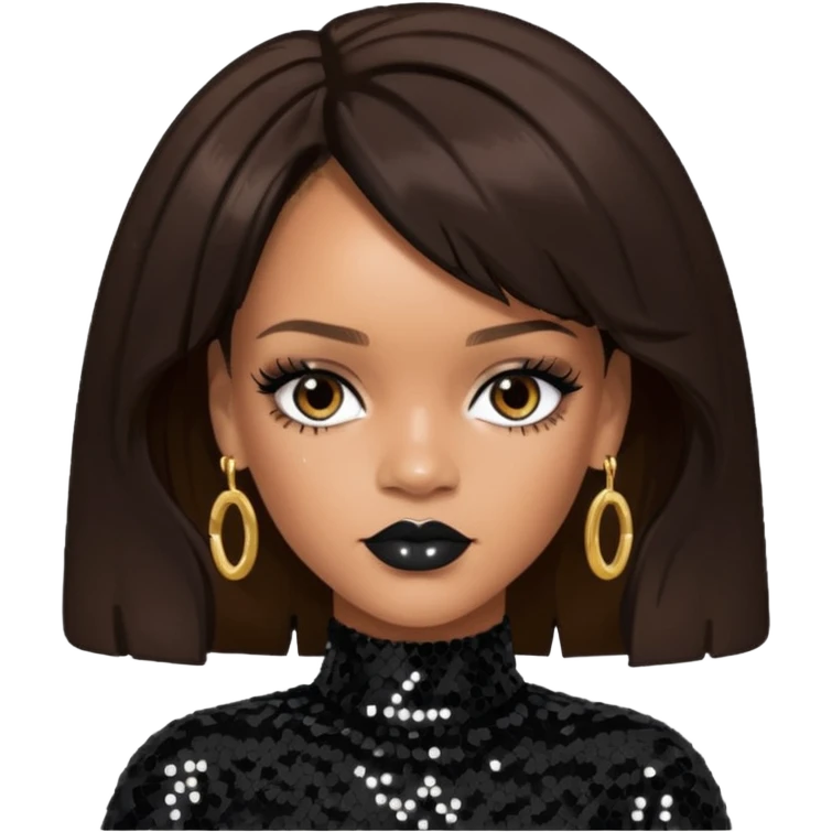 Rihanna with dark brown hair, black sequin outfit  emoji