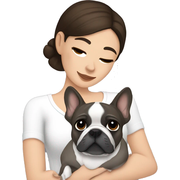 Brunette and brown eyes woman hugging grey French bulldog emoji