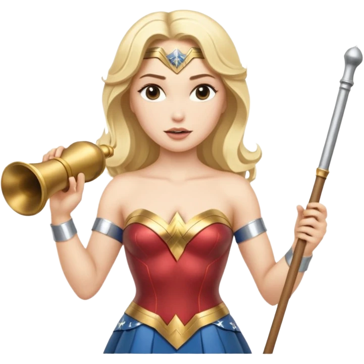 Blonde Wonder Woman holding white orchestra conductor’s baton and bell emoji