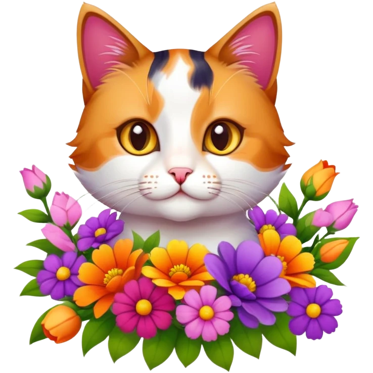 A cute cat holding a lot of flowers emoji