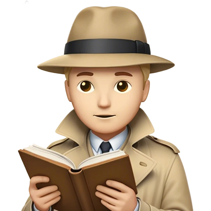 A detective emoji, wearing a classic trench coat and hat, intently reading a person human book. Above their head, a glowing lightbulb represents a sudden realization—symbolizing research, curiosity, and critical thinking. The book’s cover subtly features the silhouette of a person  emoji