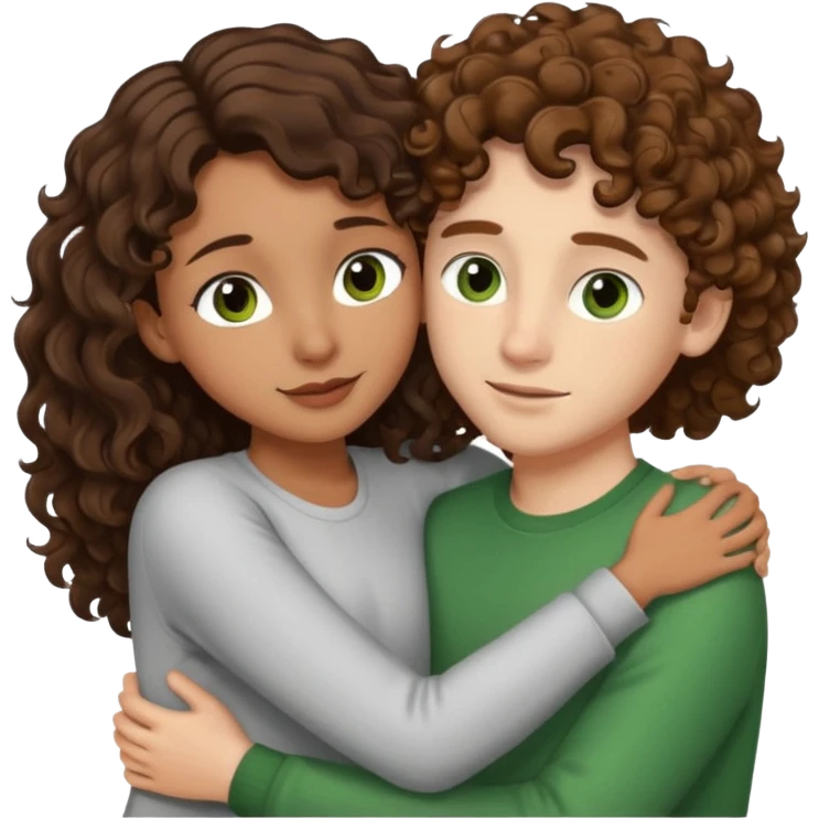 light brown skinned girl with long and dark brown wavy hair and brown eyes hugging and being loving with white boy with light brown and very curly short hair and green eyes  emoji