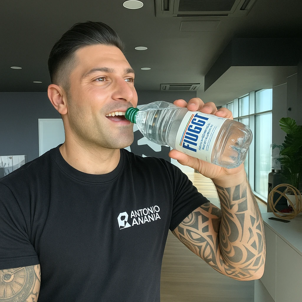 Realistic man drinking a bottle of Fiuggi water, inspired by the provided photo. The bottle must be clearly recognizable as Fiuggi water. Positive atmosphere, realistic style. emoji