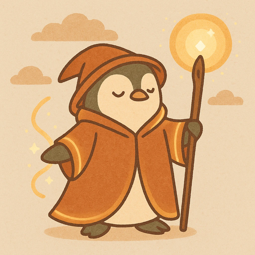 a penguin wizard casting a spell with a glowing staff and robe, whimsical cartoon style emoji