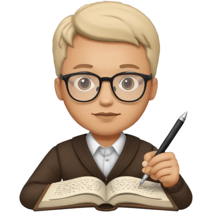 man hold a pen in hand write in book , wearing glasses emoji