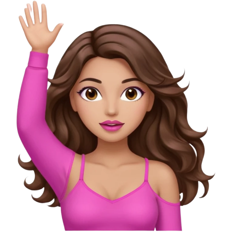 girl with long wavy brown hair, brown eyes, long lashes makeup, sexy pink lips, light to medium complexion, wearing a pink sexy top, both hands in the air high emoji