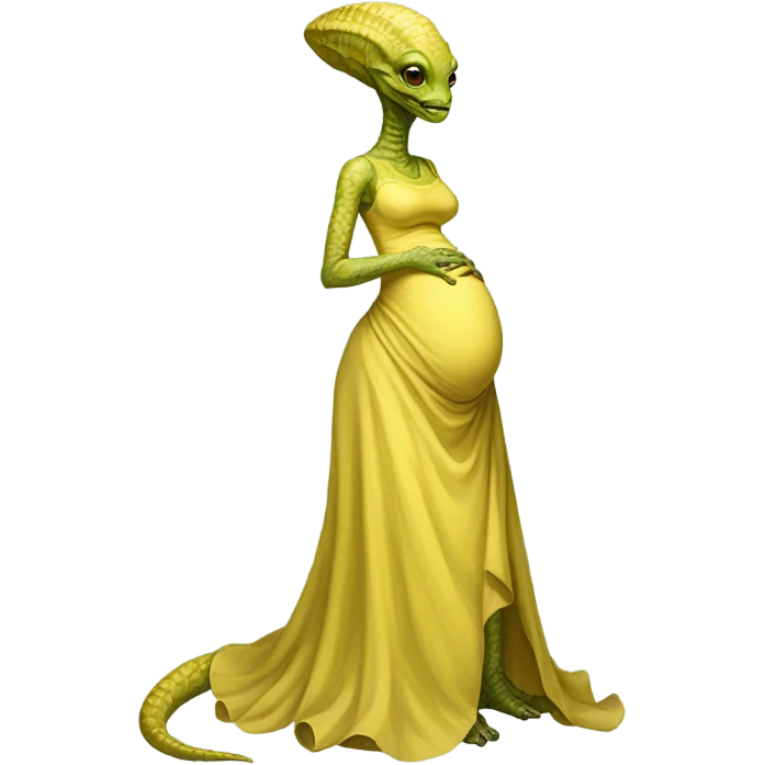 Pregnant reptilian alien woman, full body, in victorian jellow elegant dress, emoji