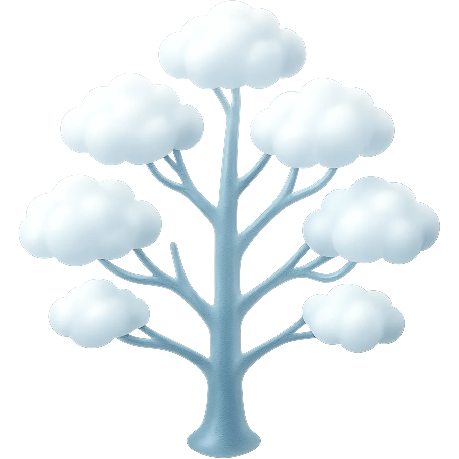one tree with many branches and a white trunk, crown made of small very bright white fluffy convex clouds, matte glass style emoji