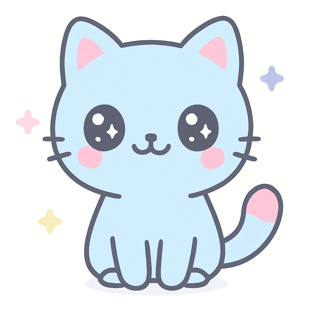 kawaii style smiling cat with big eyes, pastel colors, simple background emoji