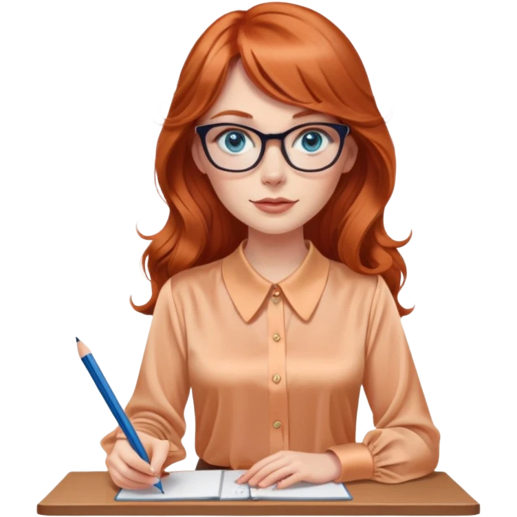 redheaded woman with very long wavy hair and bangs, blue eyes, clear cat-eye glasses, apricot silk blouse, pencil skirt, holding a pencil emoji