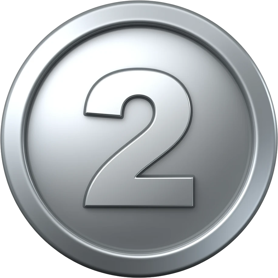 silver medal with number 2 in the center, shiny metallic silver, second place award, clean emoji style, simple background, glossy effect, minimal design, high quality emoji icon emoji