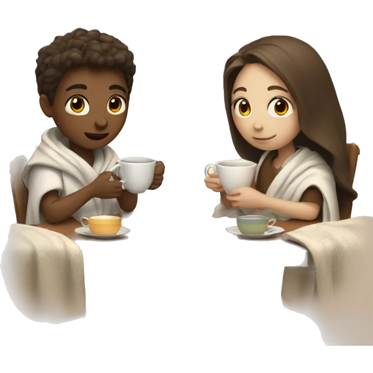 a boy and a girl with brown hair and white skin covered in a blanket are drinking tea emoji