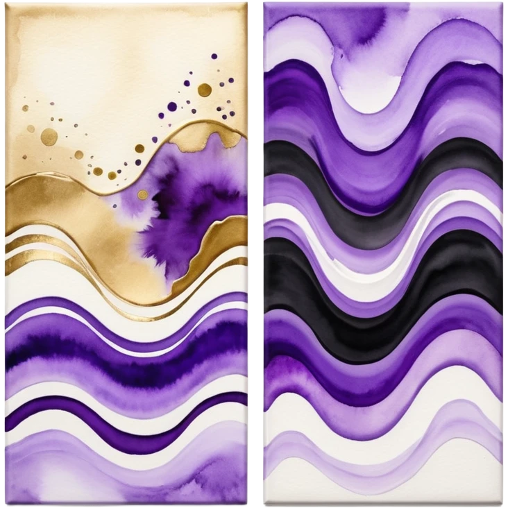 Black, white, gold, purple, abstract Watercolor paintings on three canvases next to each other  emoji