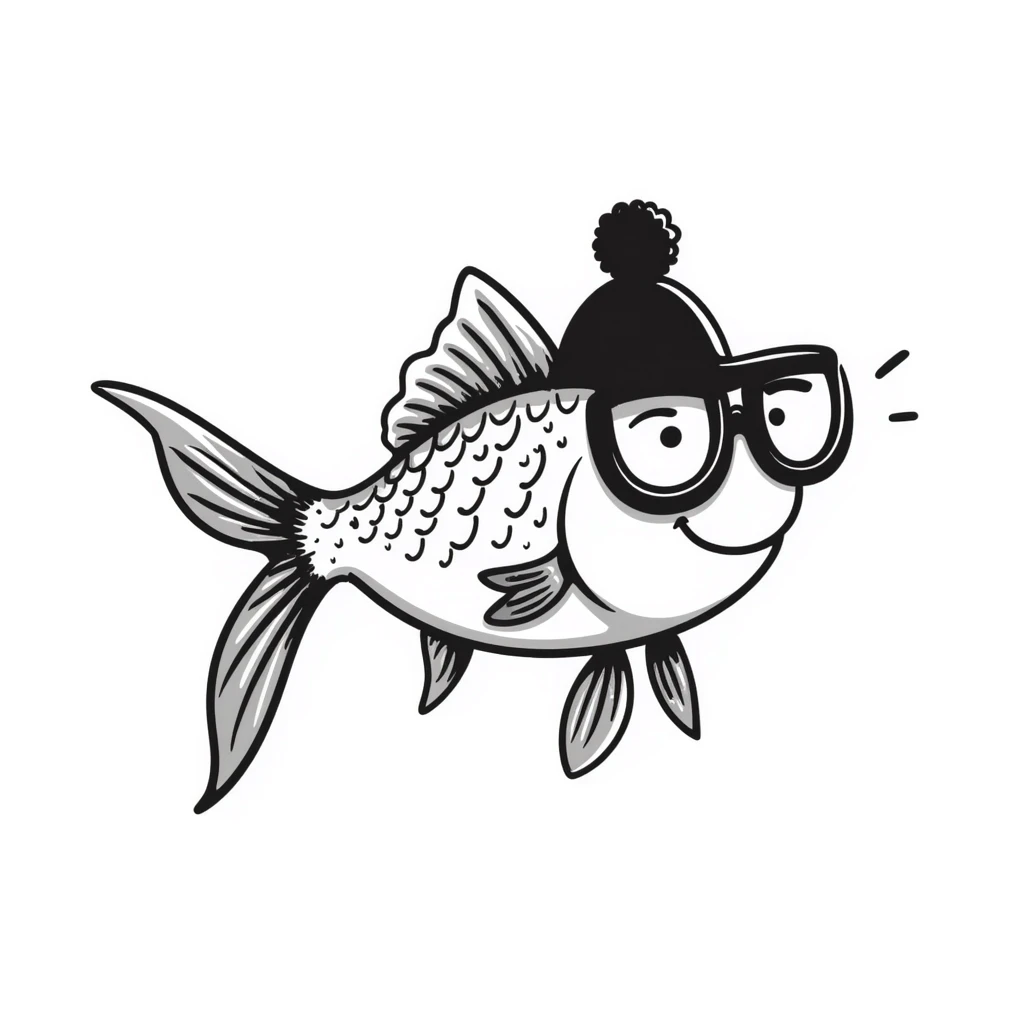 A hand-drawn goldfish with a derpy expression wearing oversized glasses emoji