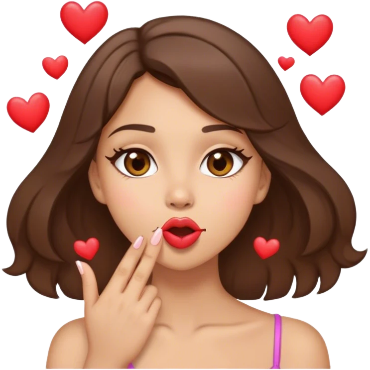 Light skin brunette with light brown eyes blowing a kiss with little hearts coming from her mouth  emoji