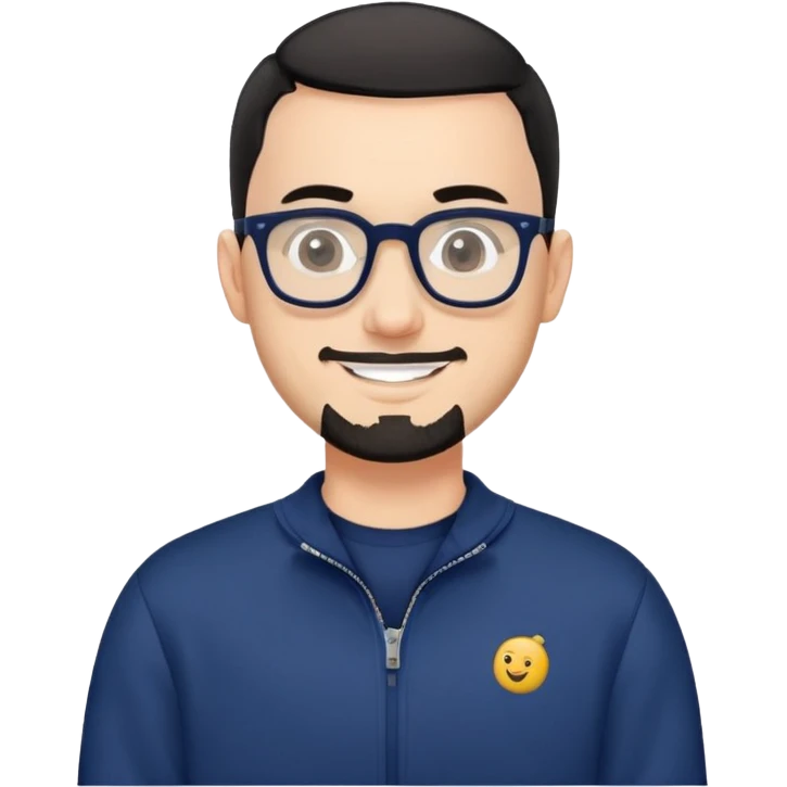 Fair-skinned man with extremely short black hair (very close buzz cut), short salt and pepper beard, large black-framed glasses, smiling, wearing navy blue long sleeve zip sweatshirt emoji