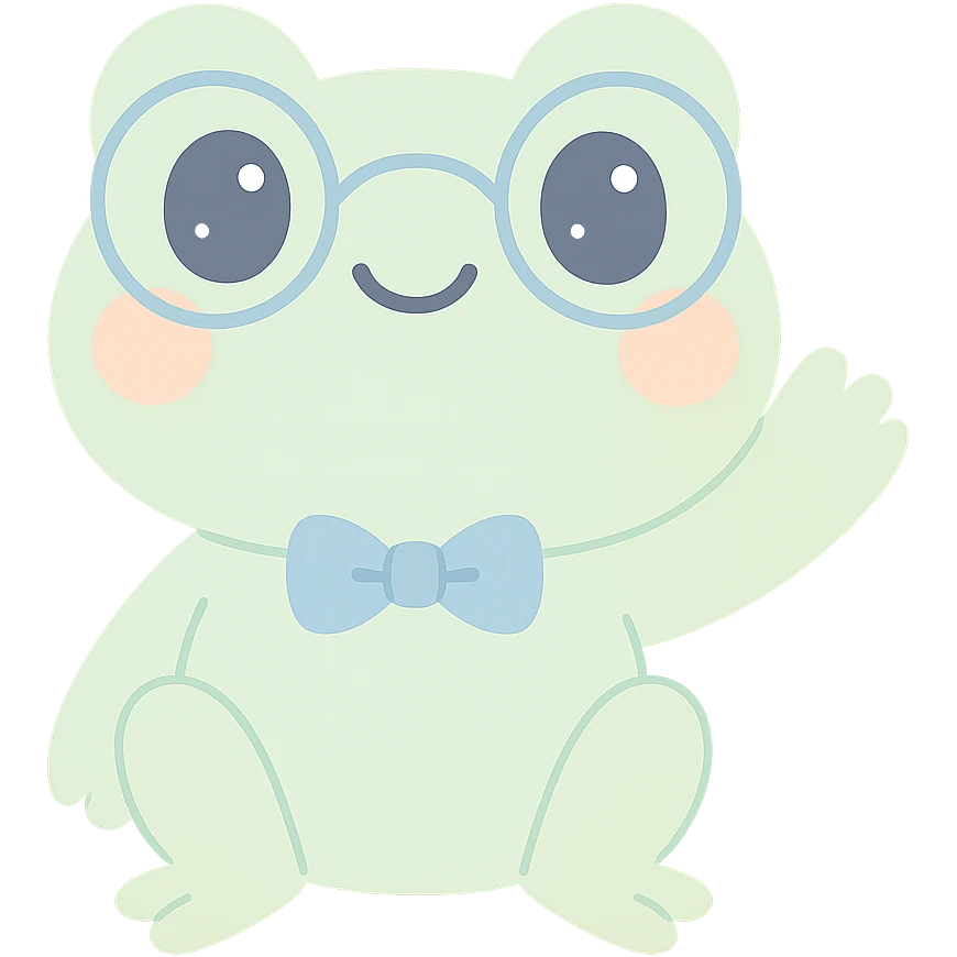 friendly cartoon frog named Gerald wearing a bow tie and glasses waving cheerfully emoji