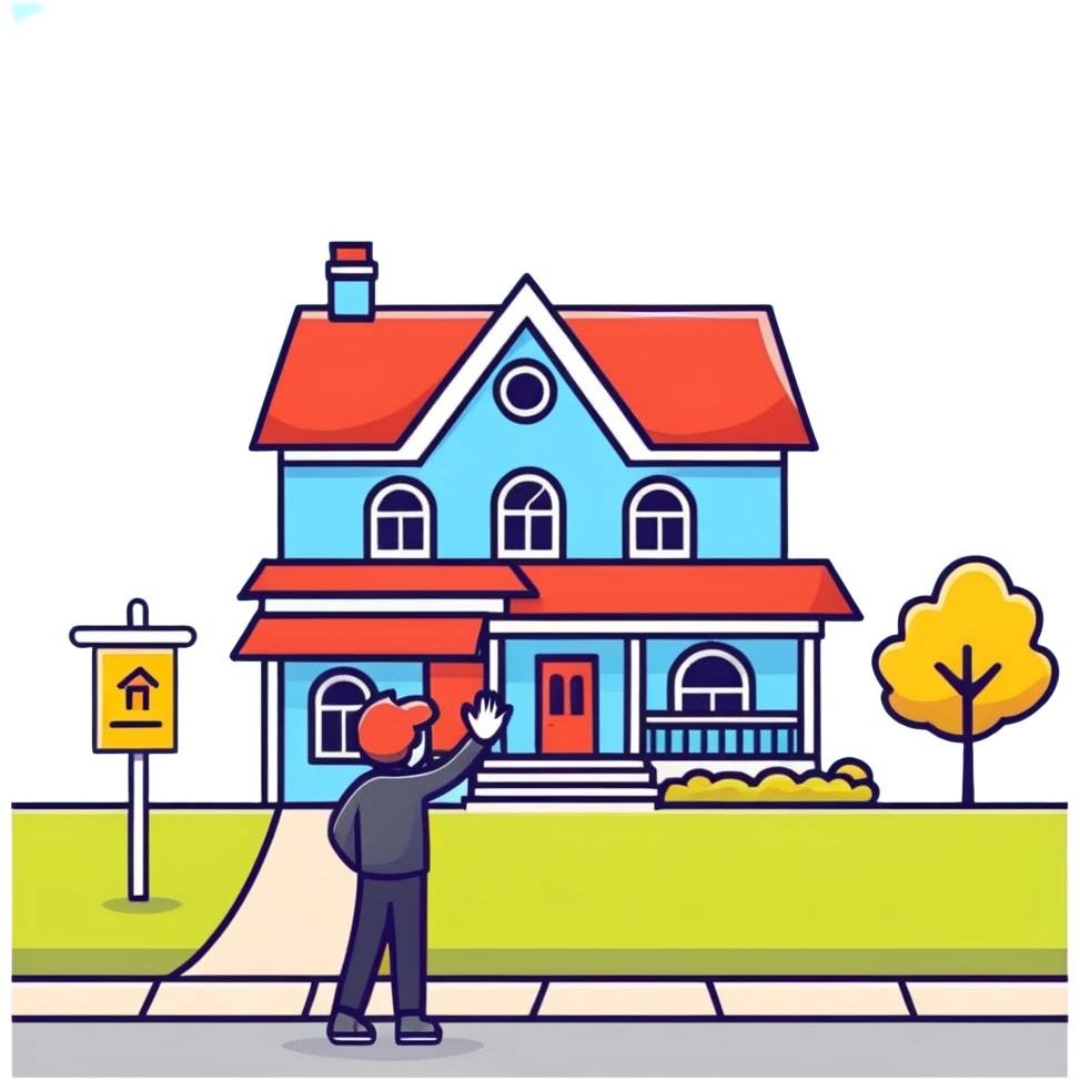 person waving in front of a house with a for sale sign emoji