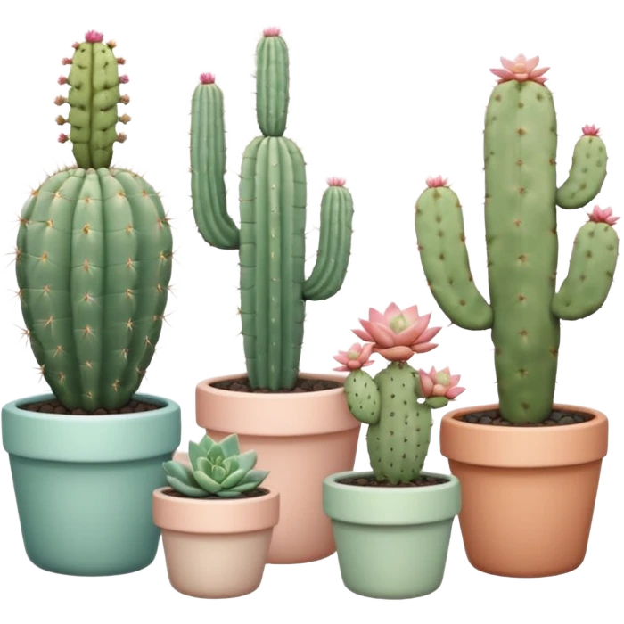 Ceramic pots in pastel colors, tall and short, round and square, containing desert cactus plants, hanging cacti, flowering cacti, echeveria succulents, and sedum succulents, placed in a row on the floor, white background emoji