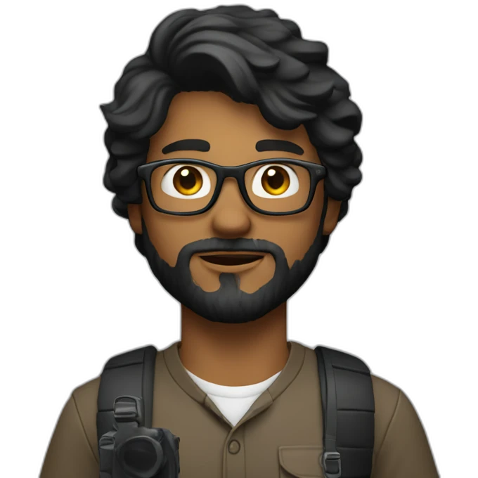 a filmmaker, young, black, straight hair, with a beard, wearing glasses and with a camera in his hand. Using black emoji