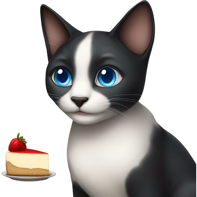 a beautiful dark cat with blue eyes holding a cheesecake emoji
