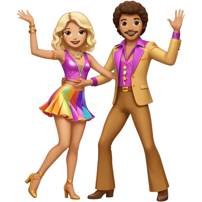 hombre y mujer bailando con ropa de disco de los 70s emoji