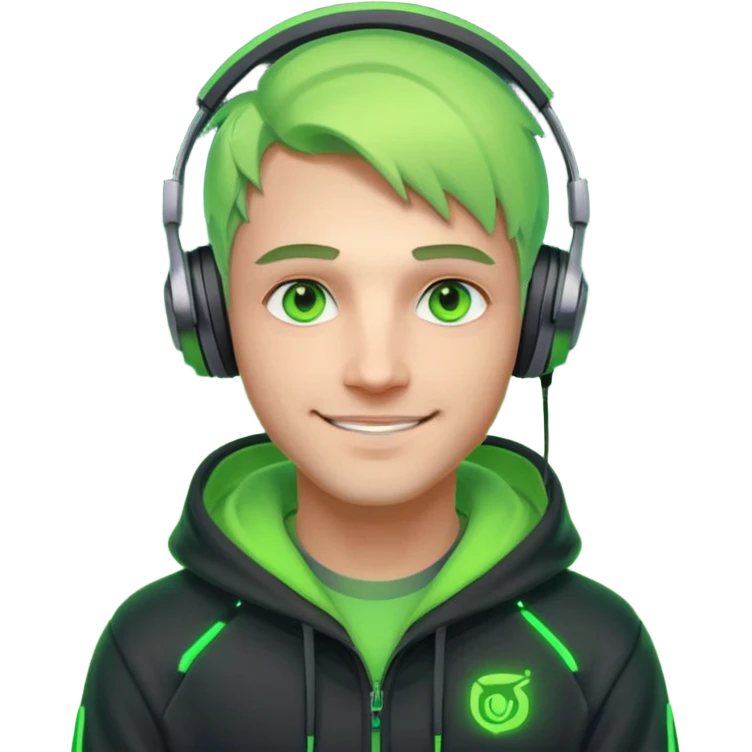 friendly streamer avatar, smiling man, stylized illustration, neon green eyes with soft warm highlights, hoodie and headset with neon accents, subtle cyberpunk vibe, dark background, clean lines, cozy and friendly mood emoji